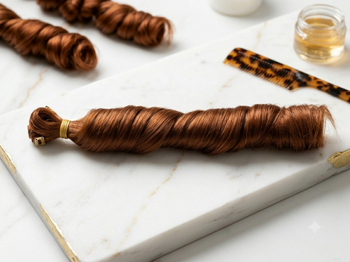 Brown hair extensions on a marble surface with a leopard print comb and small container.