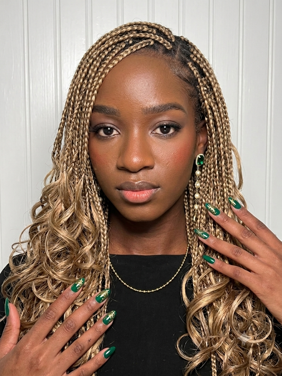 Woman with braided hair wearing a black top against a white background
